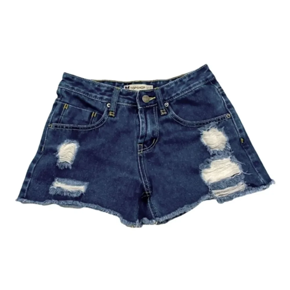 Topshop Distressed Dark Wash Five Pocket Denim Shorts Women Size 2 - Picture 1 of 7